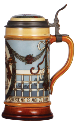 Mettlach stein, 1.0L, 2939, etched, by F. Quidenus, inlaid lid, mint. - 2