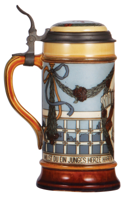 Mettlach stein, 1.0L, 2939, etched, by F. Quidenus, inlaid lid, mint. - 3