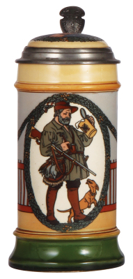 Mettlach stein, 1.0L, 2938, etched, by F. Quidenus, inlaid lid, good repairs of base chip & line on handle.