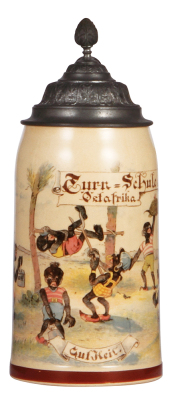 Mettlach stein, .5L, 979 [1909], PUG, Turnschule, Ostafrika, pewter lid, mint. 