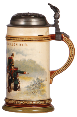 Mettlach stein, .5L, 808 [2140], PUG, Jäger Bataillon Nr. 9, pewter lid, 1" hairline at top rim.  - 2