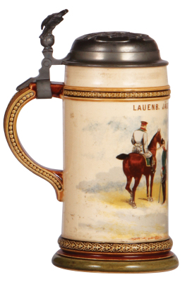 Mettlach stein, .5L, 808 [2140], PUG, Jäger Bataillon Nr. 9, pewter lid, 1" hairline at top rim.  - 3