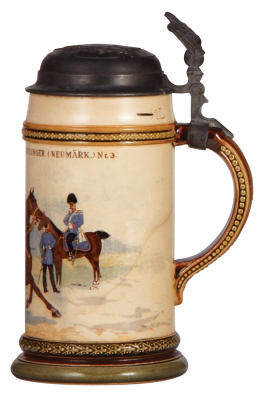 Mettlach stein, .5L, 815 [2140], PUG, Drag. Regt. Nr. 3, pewter lid, some interior & exterior glaze browning in rear.  - 2