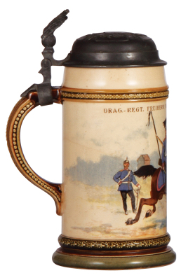 Mettlach stein, .5L, 815 [2140], PUG, Drag. Regt. Nr. 3, pewter lid, some interior & exterior glaze browning in rear.  - 3