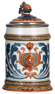 Mettlach stein, .5L, 1539, mosaic, inlaid lid, excellent repair of hairline on inlay.