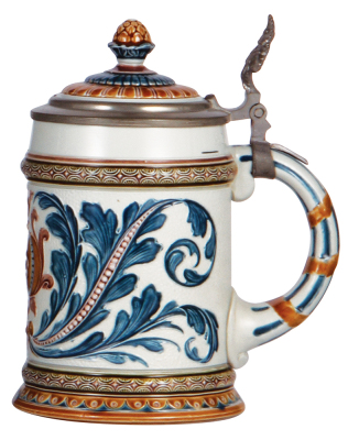 Mettlach stein, .5L, 1539, mosaic, inlaid lid, excellent repair of hairline on inlay. - 2