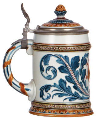 Mettlach stein, .5L, 1539, mosaic, inlaid lid, excellent repair of hairline on inlay. - 3