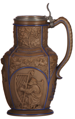 Mettlach stein, 1.5L, 10.9" ht., 6, earlyware, by Ludwig Foltz, inlaid lid, excellent detail, mint. - 2