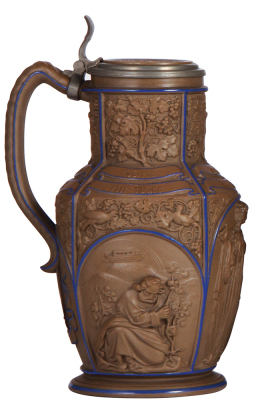 Mettlach stein, 1.5L, 10.9" ht., 6, earlyware, by Ludwig Foltz, inlaid lid, excellent detail, mint. - 3