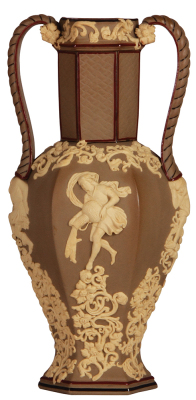 Mettlach vase, 12.0" ht., earlyware, relief, two chips on rosettes on handle.