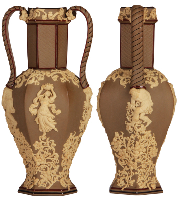 Mettlach vase, 12.0" ht., earlyware, relief, two chips on rosettes on handle. - 3