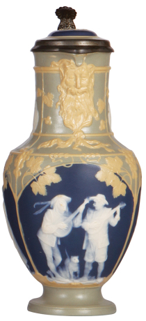 Mettlach stein, 1.5L, 11.7" ht., 2607, cameo, by Stahl, inlaid lid, mint.