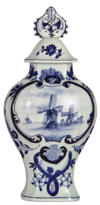 Mettlach covered jar, 13.4" ht., 5050, Delft, set-on lid, mint.