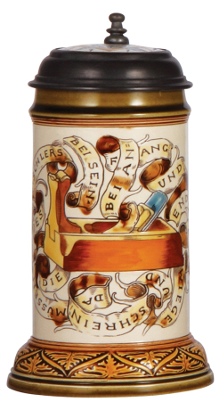 Mettlach stein, .5L, 2721, etched, by Otto Hupp, Cabinetmaker Occupation, inlaid lid, chip on base.