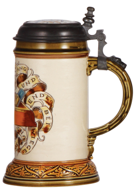 Mettlach stein, .5L, 2721, etched, by Otto Hupp, Cabinetmaker Occupation, inlaid lid, chip on base. - 2