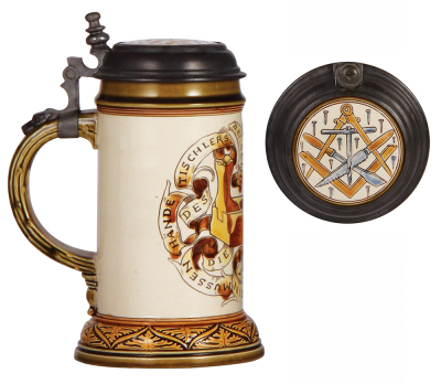 Mettlach stein, .5L, 2721, etched, by Otto Hupp, Cabinetmaker Occupation, inlaid lid, chip on base. - 3