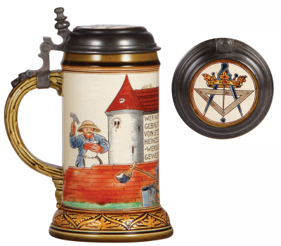 Mettlach stein, .5L, 2724, etched, by Otto Hupp, Mason Occupation, inlaid lid, mint. - 3