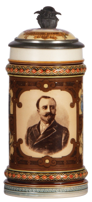 Mettlach stein, .5L, 2136, PUG & etched, Adolphus Busch, Anheuser Busch inlaid lid, very good inlay repair, body mint.