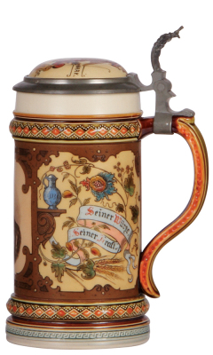 Mettlach stein, .5L, 2136, PUG & etched, Adolphus Busch, Anheuser Busch inlaid lid, very good inlay repair, body mint. - 2