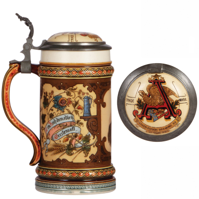 Mettlach stein, .5L, 2136, PUG & etched, Adolphus Busch, Anheuser Busch inlaid lid, very good inlay repair, body mint. - 3