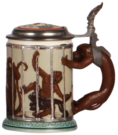 Mettlach stein, .4L, 2106, decorated relief, Monkeys in a Cage, inlaid lid, mint.