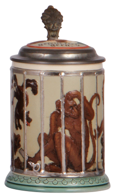 Mettlach stein, .4L, 2106, decorated relief, Monkeys in a Cage, inlaid lid, mint. - 2