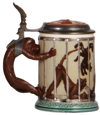 Mettlach stein, .4L, 2106, decorated relief, Monkeys in a Cage, inlaid lid, mint. - 3