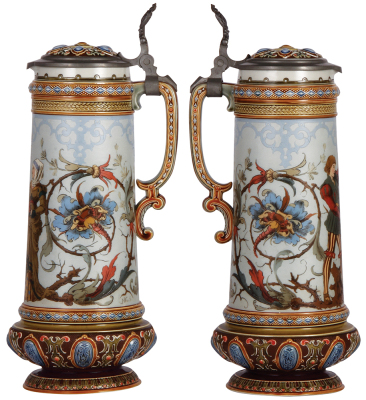 Mettlach stein, 2.1L, 15.1'' ht., 1734, etched, by C. Warth, inlaid lid, mint. - 2