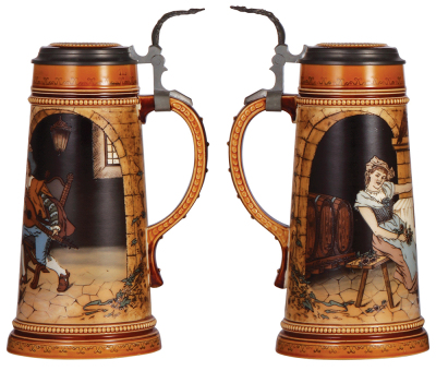 Mettlach stein, 1.0L, 2780, etched, inlaid lid, mint. - 2