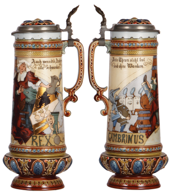 Mettlach stein, 2.2L, 15.5'' ht., 2107, etched, by H. Schlitt inlaid lid, mint. - 2