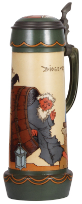 Mettlach stein, 3.0L, 16.6'' ht., 3099, etched, by H. Schlitt, inlaid lid, mint.