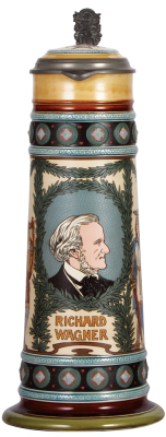 Mettlach stein, 4.1L, 18.8'' ht., 2797, etched, Richard Wagner, inlaid lid, mint.