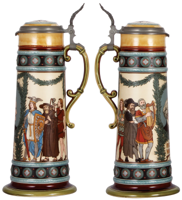 Mettlach stein, 4.1L, 18.8'' ht., 2797, etched, Richard Wagner, inlaid lid, mint. - 2