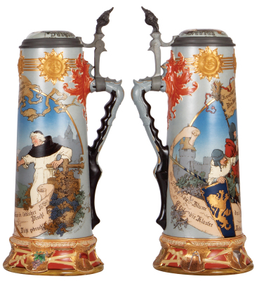 Mettlach stein, 3.8L, 19.0" ht., 2122, etched, by H. Schlitt, inlaid lid, very good base chip repair, otherwise mint. - 2