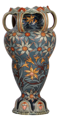 Mettlach vase, 16.0'' ht., 2416, etched, Art Nouveau, style of Tiffany’s Magnolia vase, 1893 Chicago World’s Fair, mint.