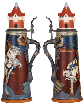 Mettlach stein, 5.8L, 24.2" ht., 2764, etched, by H. Schlitt, inlaid lid, body break & base chips repaired, some paint is flaking, displays well. - 2