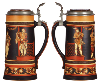 Mettlach stein, 1.0L, 2255, etched, inlaid lid, missing center hinge ring, works well, body mint. - 2