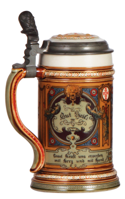 Mettlach stein, .5L, 1914, etched, inlaid lid, mint. - 3