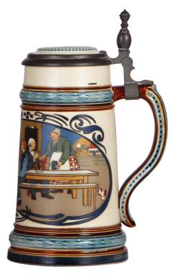 Mettlach stein, .5L, 2632, etched, inlaid lid, mint. - 2