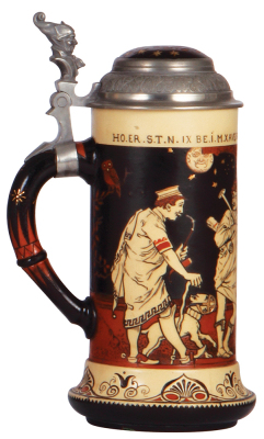 Mettlach stein, .5L, 2192, etched, by H. Schlitt, inlaid lid, mint. - 3