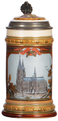 Mettlach stein, .5L, 1915, etched & transfer, by Warth, Cölner Dom, inlaid lid, mint.