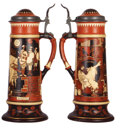 Mettlach stein, 4.1L, 20.3" ht., 2383, etched, by H. Schlitt, inlaid lid: inscription August Lüchow Aug. 27th 1902, owner of Lüchow's Restaurant New York, very good base repair in rear. - 2