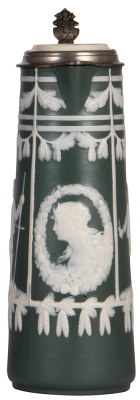 Mettlach stein, 14.0'' ht., 3177, cameo, by Stahl, inlaid lid, rare, minor interior pewter tear, otherwise mint.