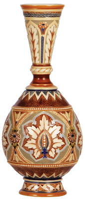 Mettlach vase, 13.0" ht., 1220, mosaic, neck break glued.