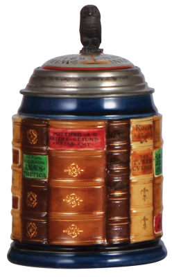 Mettlach stein, .5L, 2001B, decorated relief, Medical Book Stein, inlaid lid, mint.