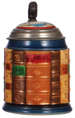 Mettlach stein, .5L, 2001D, decorated relief, Mathematics Book Stein, inlaid lid, small book chip, otherwise mint.