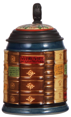 Mettlach stein, .5L, 2001F, decorated relief, Architecture Book Stein, inlaid lid, mint.