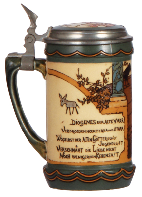 Mettlach stein, .5L, 3089, etched, by H. Schlitt, inlaid lid, mint. - 3