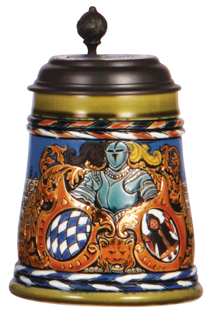 Mettlach stein, .5L, 3043, etched, München, inlaid lid, mint.