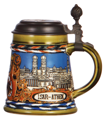 Mettlach stein, .5L, 3043, etched, München, inlaid lid, mint. - 2